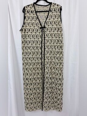 Vintage Black Sheer Maxi Vest/Duster w/ Cream Embroidered Swirl Lace Overlay XL